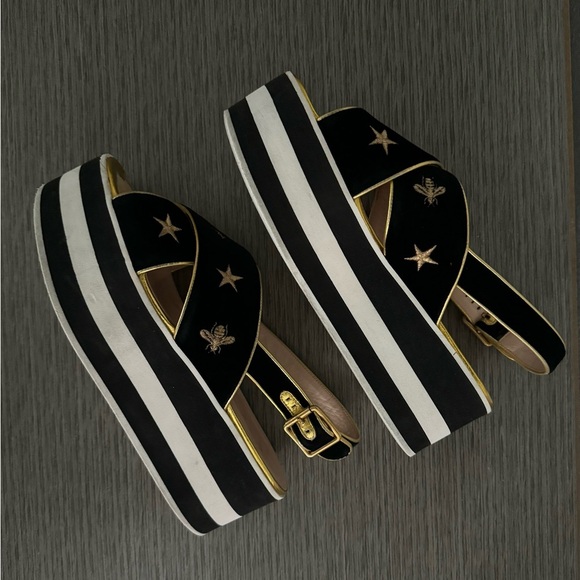 Gucci Bee Embroidered Criss Cross Platform Sandals Black Size 37 1/2 - Picture 6 of 14